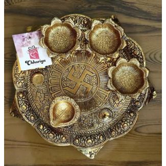 Brass metal pooja aarti thali plate set