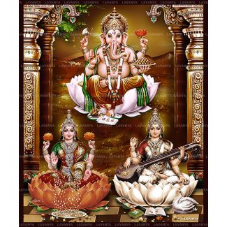Lord Ganesha with Laksmi And Saraswathy Photo Frame - Big Size (13X11inches)