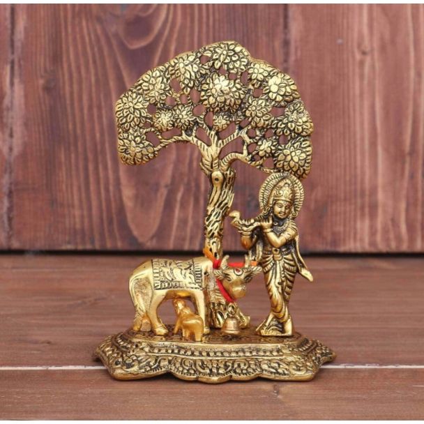 Metal Krishna with holi cow under tree idol